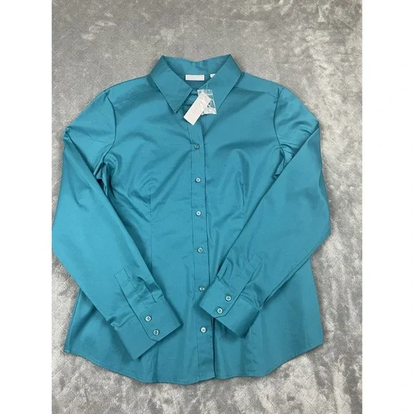 NY&C Teal Stretch Button Down Shirt Women XL NWT Long Sleeve Fitted Blouse Work - Picture 1 of 5